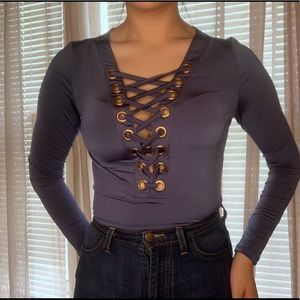 Blue One Piece Deep V Long Sleeve Top